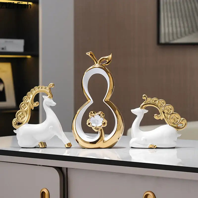 Modern white and gold ceramic gourd desk decoration with a crystal flower center decorbites golden gourd ceramic decor