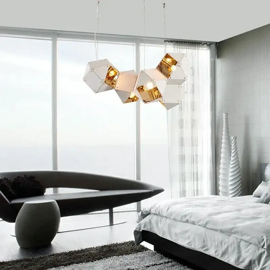 Modern white and gold metallic geometric cube led pendant light from decorbites for dining room decor