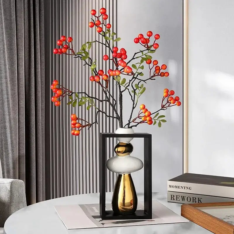 Modern two-toned ceramic vase with sleek white and gold geometric golden rockery finish for living room decorbites decor