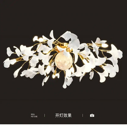 Elegant white porcelain ginkgo leaf led ceiling chandelier with gold metal branches and central spherical light fixture