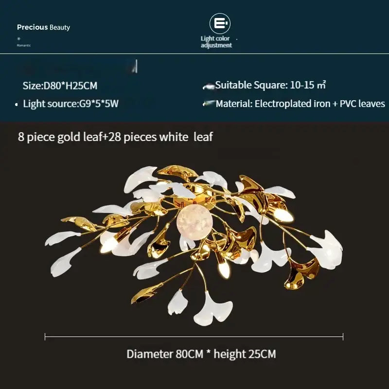 Elegant modern white and gold ginkgo leaf led ceiling chandelier with a central crystal accent for living room use