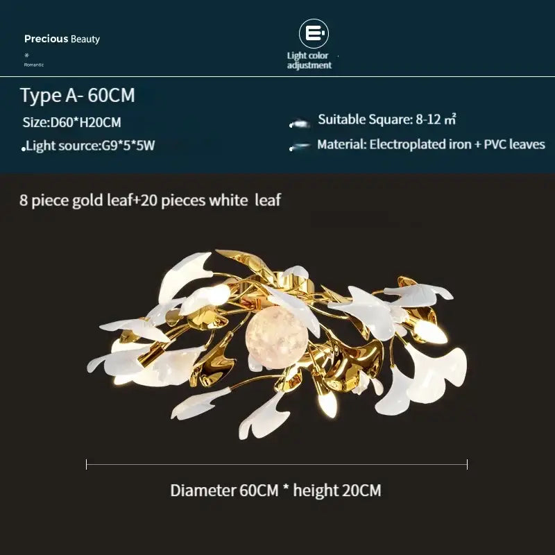 Elegant modern white and gold ginkgo leaf led ceiling chandelier with central crystal accent for living room use