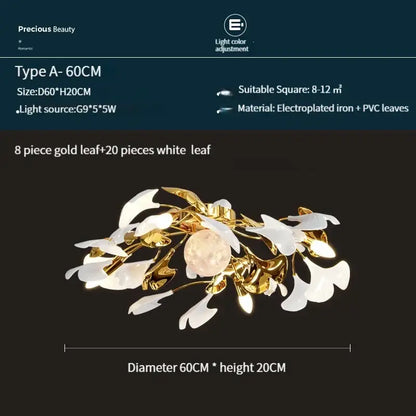 Elegant modern white and gold ginkgo leaf led ceiling chandelier with central crystal accent for living room use