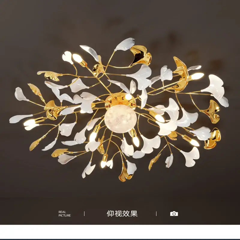 Elegant white and gold ginkgo leaf led ceiling chandelier with central frosted glass orb for modern living room decor