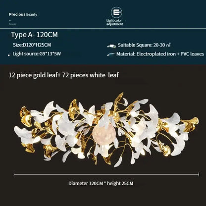 Modern white and gold ginkgo leaf led ceiling chandelier with elegant gold and white leaves and central pink crystal accent