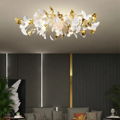 Modern white and gold ginkgo leaf led ceiling chandelier with intricate leaf design for living room lighting