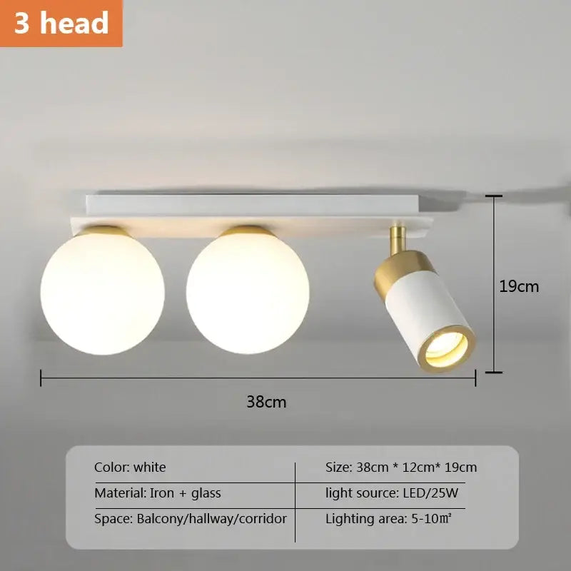 Modern white and gold three-head ball led ceiling light with spherical and cylindrical glass shades on iron base decorbites glass ball