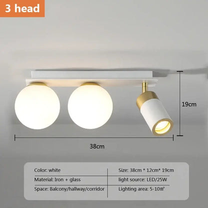 Modern white and gold three-head ball led ceiling light with spherical and cylindrical glass shades on iron base decorbites glass ball