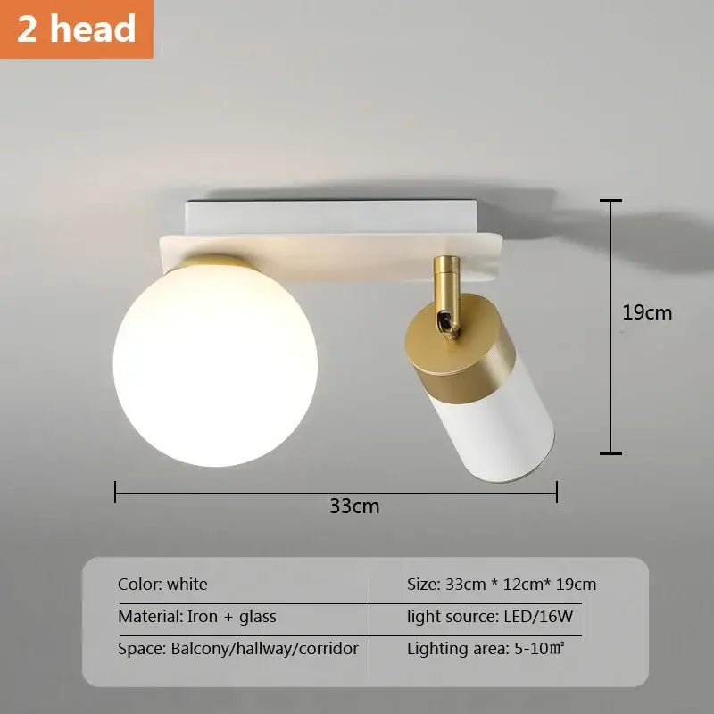 Modern white and gold glass ball led ceiling light with spherical globe and adjustable spotlight in iron and glass decorbites glass ball