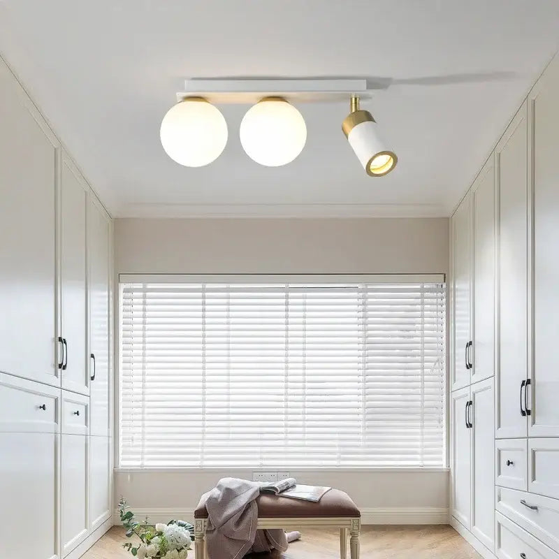 Modern white and gold decorbites glass ball led ceiling light with two globe bulbs and adjustable spotlight for living room