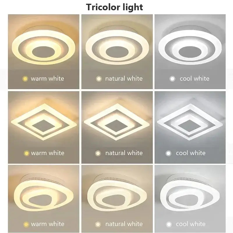 Modern white and gold led ceiling light with tricolor acrylic rings offering warm natural and cool white lighting decorbites led ceiling