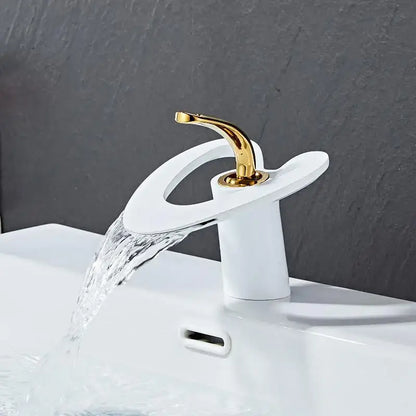Modern white basin faucet with sleek curved spout and gold black brass handle from decorbites golden white collection