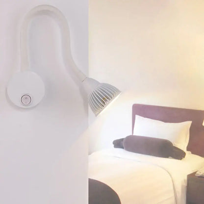 Modern white gooseneck wall sconce light with adjustable curved neck and ribbed led head direct wired electric for reading