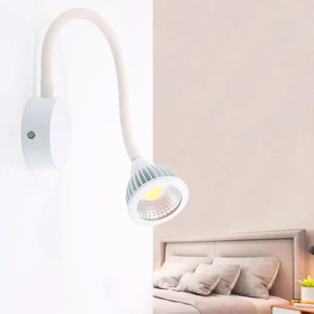 Modern white gooseneck wall sconce light with ribbed circular head and flexible arm direct wired electric for reading