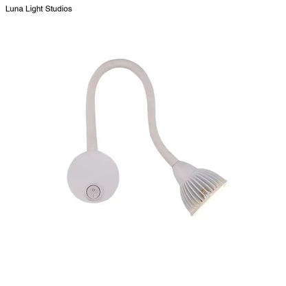 Modern white gooseneck wall sconce light with flexible arm and ribbed head for direct wired electric bedroom reading