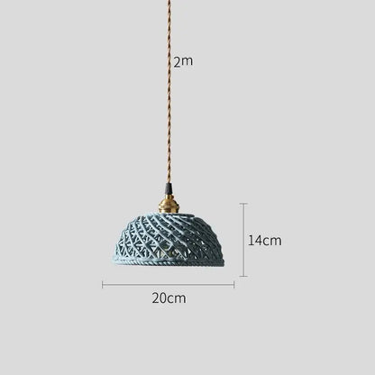 Modern white and gray geometric ceramic led pendant lights featuring a teal woven rope pendant light with brass fixture