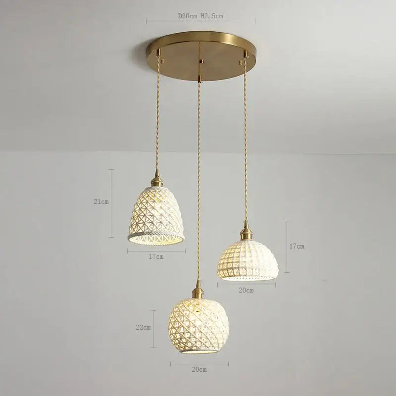 Set of three elegant brass-finished decorbites ceramic led pendant lights with white woven glass shades for dining room decor