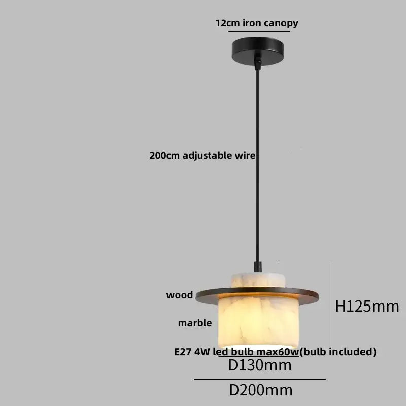 Black iron canopy pendant light with adjustable wire suspending a wood and marble decorbites 3d printed ball led lamp
