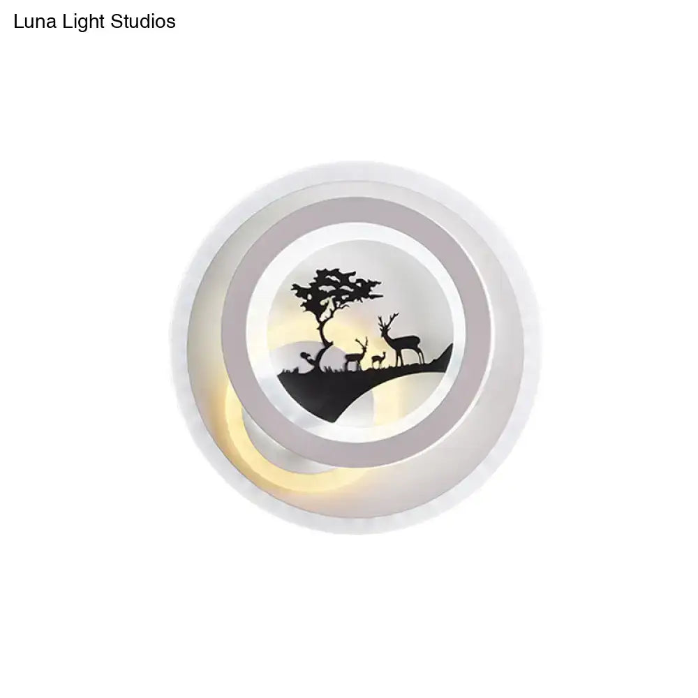 Modern white and gray tree and elk led light fixture bedroom sconce with circular design and soft white glow in inches fixture