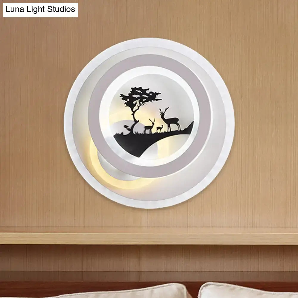 Modern white and gray LED light fixture with concentric rings and elk silhouette ideal for bedroom sconce use inches fixture