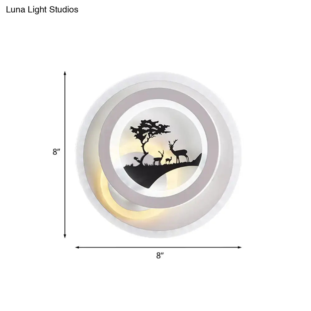 Modern white and gray tree and elk led light fixture sconce with concentric rings and soft white glow, 12 inches fixture