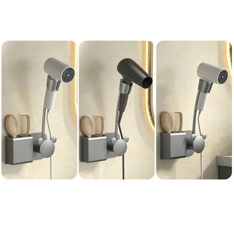 Modern white and gray metallic wall mounted hair dryer holder with Mickey Mouse design and integrated brush storage for decorbites bathroom hair