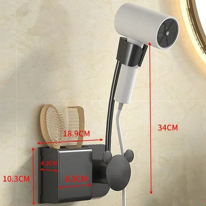 Black mickey mouse-shaped wall-mounted hair dryer holder with white hairdryer and wooden brush for decorbites bathroom hair dryer storage