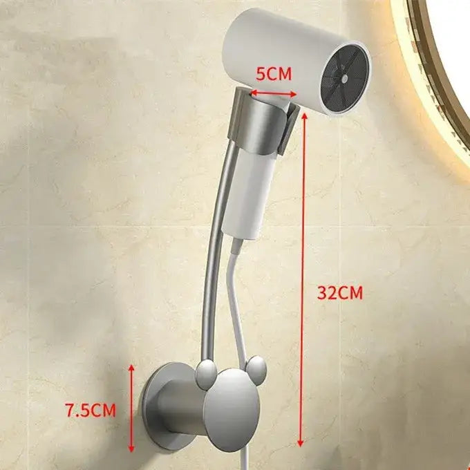 Modern white and gray wall mounted bathroom hair dryer with flexible gooseneck and Mickey Mouse head design base by decorbites