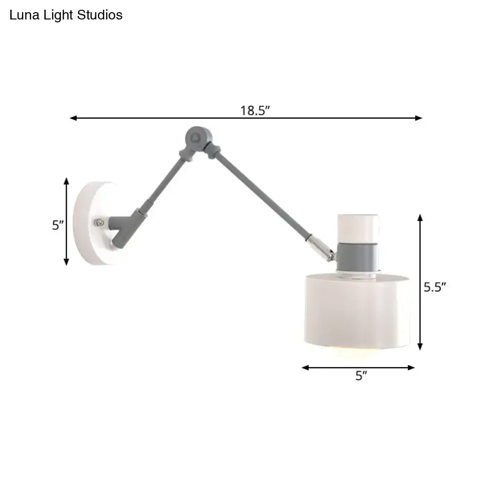 Modern white and grey adjustable wall sconce light with sleek cylindrical shade and articulated arms for bedroom use