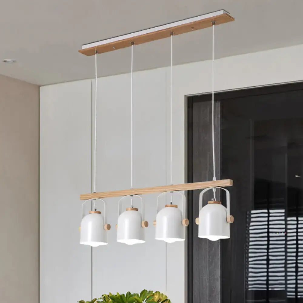 Modern white ceramic pendant lights with grey dome shade and wooden accents hang from a nordic metal bar chandelier