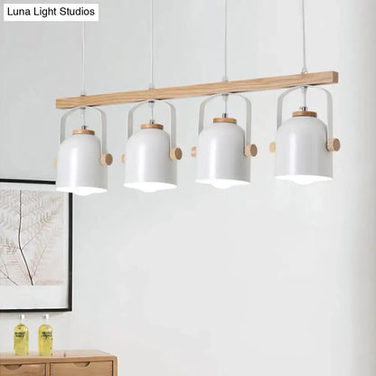 DecorBites™ modern white pendant light with four grey dome shade metal fixtures and natural wood beam accents