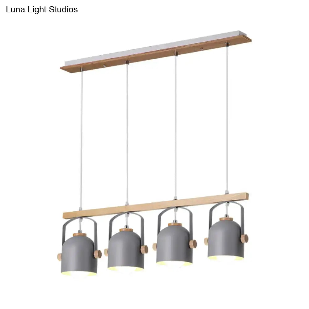 Decorbites modern white and grey dome shade chandelier featuring a grey dome shade with wooden accents and four metal lampshades