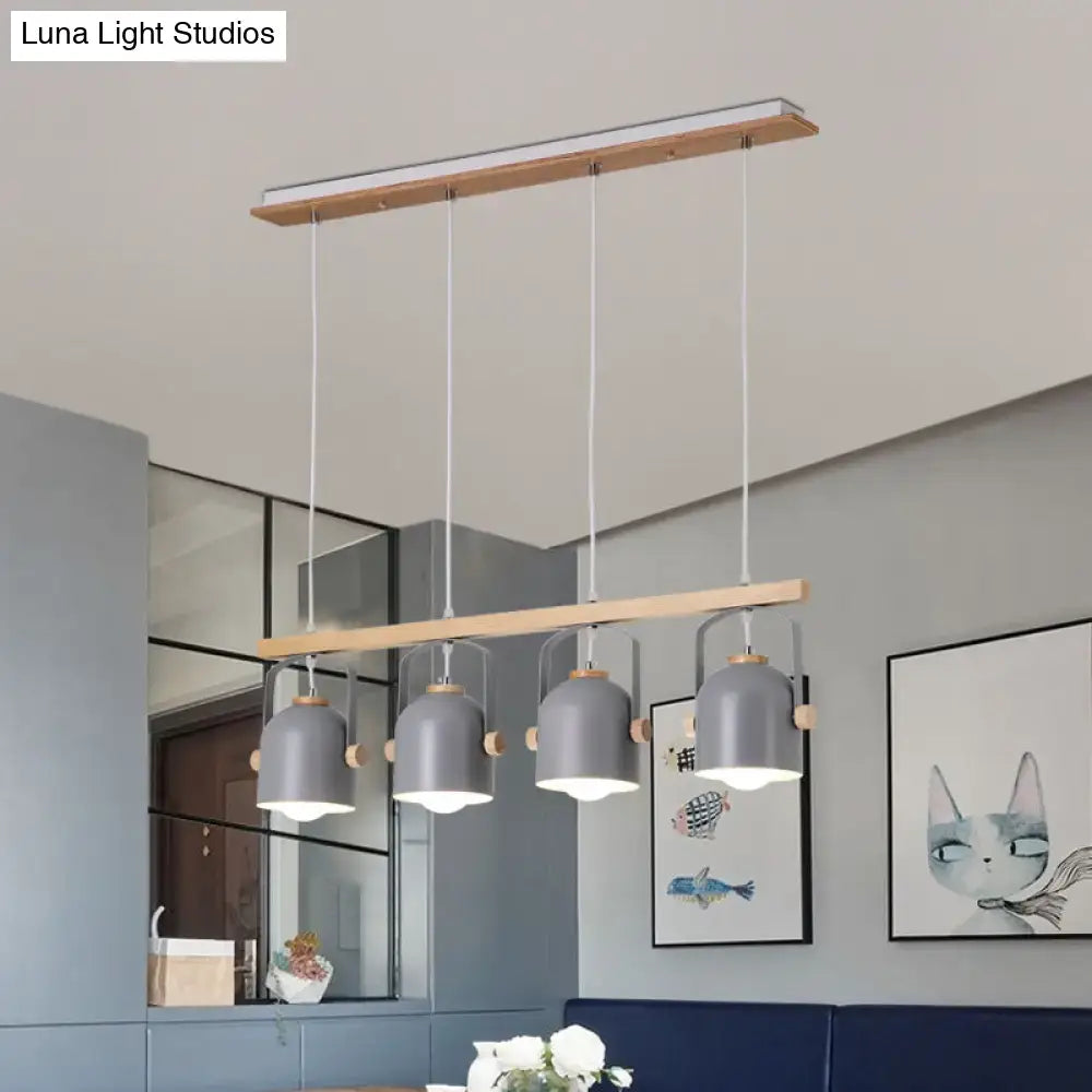 Modern white and grey dome shade chandelier with grey dome metal pendant lights and wooden accents on a ceiling fixture
