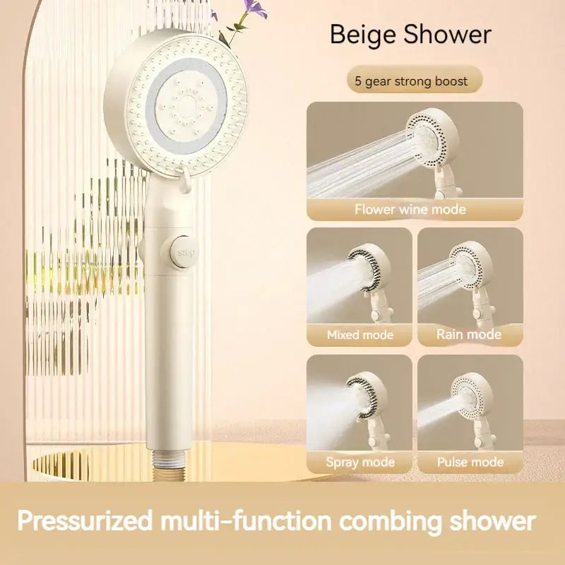 Beige pressurized multi-function shower head with 5 spray modes for modern white handheld shower set high pressure mist decorbites black gas