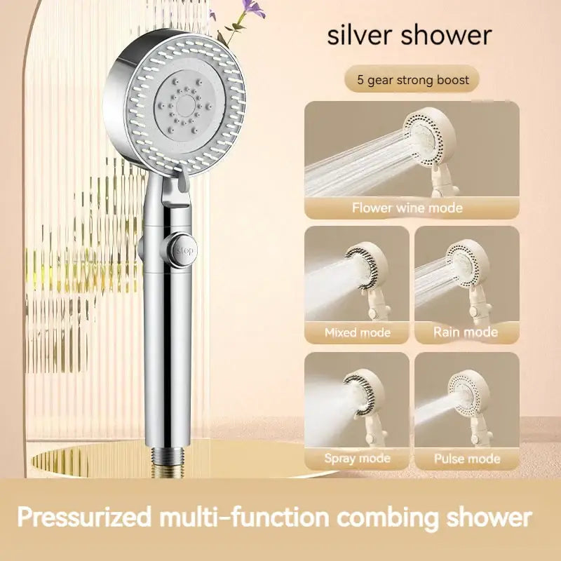 Modern white handheld shower set with silver circular high pressure mist shower head for decorbites black gas rain