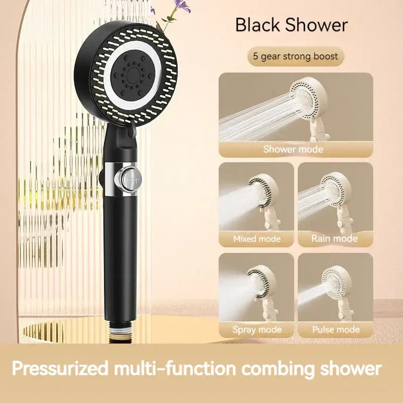Black pressurized multi-function shower head with circular spray and 5 settings for modern white handheld shower set decorbites black gas