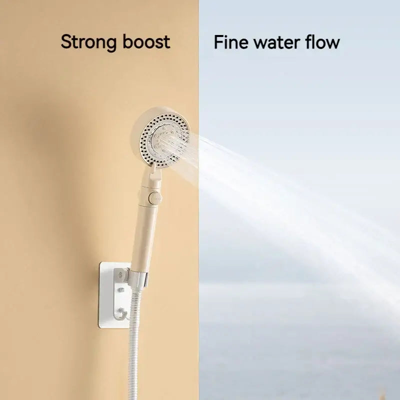 Beige handheld showerhead with flexible hose and adjustable spray settings in modern white shower set for bathroom decorbites black gas