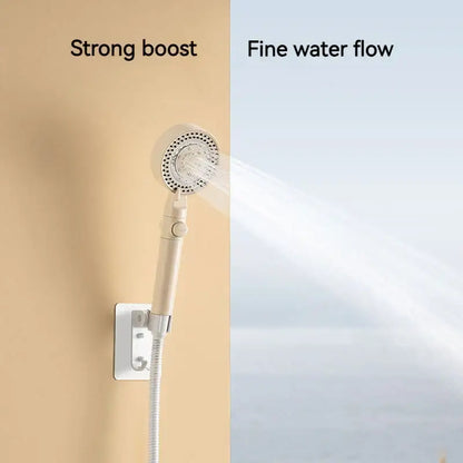 Beige handheld showerhead with flexible hose and adjustable spray settings in modern white shower set for bathroom decorbites black gas