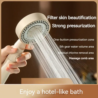 Modern white handheld shower set with cream-colored showerhead, multiple spray nozzles, and single control button for high pressure mist decorbites black gas rain