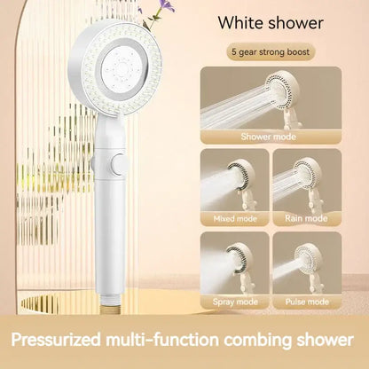 Modern white handheld shower set with white pressurized multi-function combing shower head and 5 gear boost, ideal for decorbites black gas rain bathroom decor