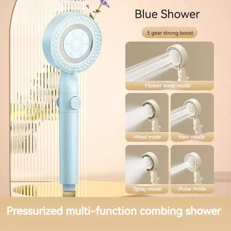 Modern white handheld shower set with light blue pressurized multi-function shower head and five spray modes for decorbites black gas
