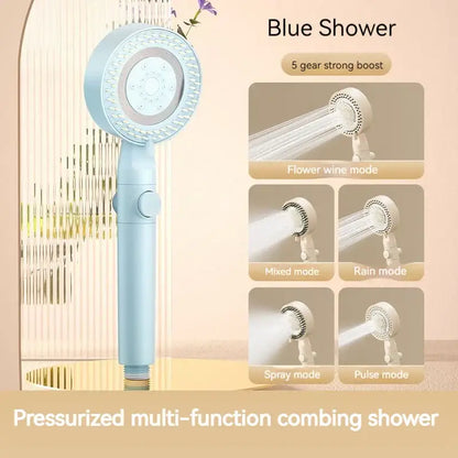 Modern white handheld shower set with light blue pressurized multi-function shower head and five spray modes for decorbites black gas