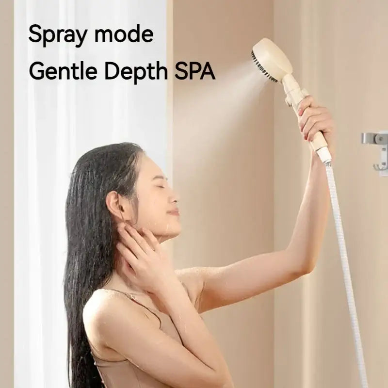 Cream-colored handheld showerhead with ergonomic design and adjustable spray for gentle depth spa in modern shower set
