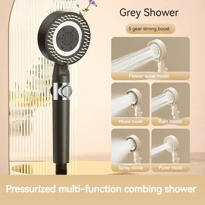 Modern white handheld shower set with black and silver pressurized multi-function shower head for high pressure mist decorbites black gas
