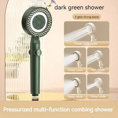 Dark green pressurized multi-function shower head with 5 gear strong boost in decorbites black gas rain shower set