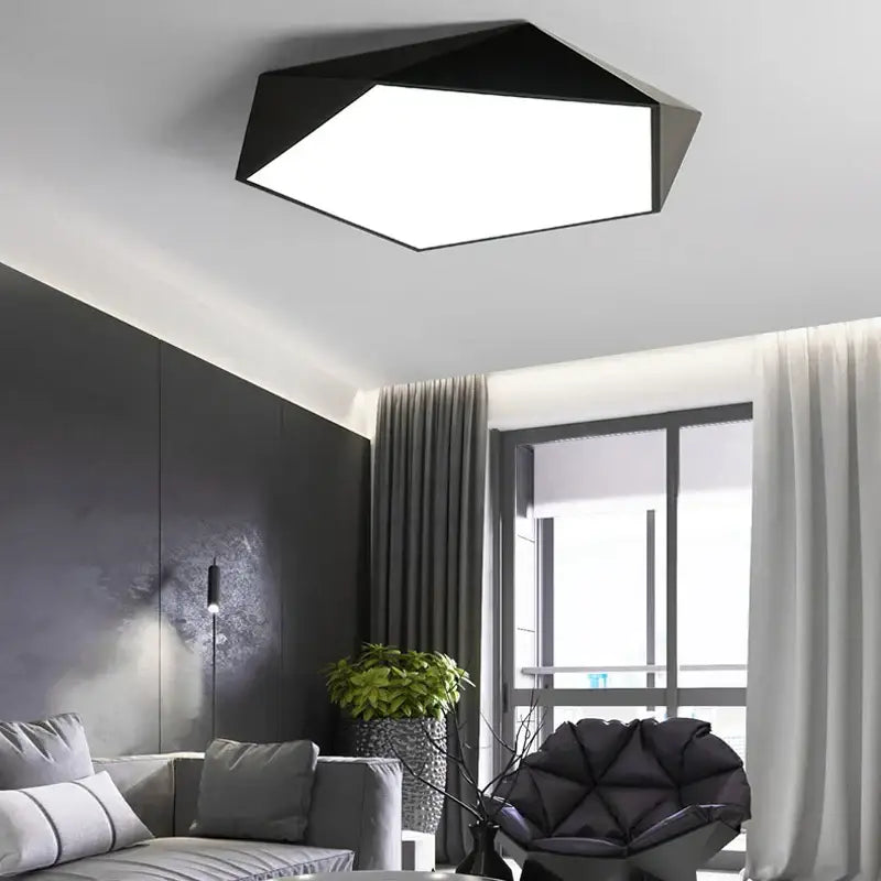 Modern white hexagonal led ceiling lamps with sleek black geometric design and bright white illuminated panel for living room lighting