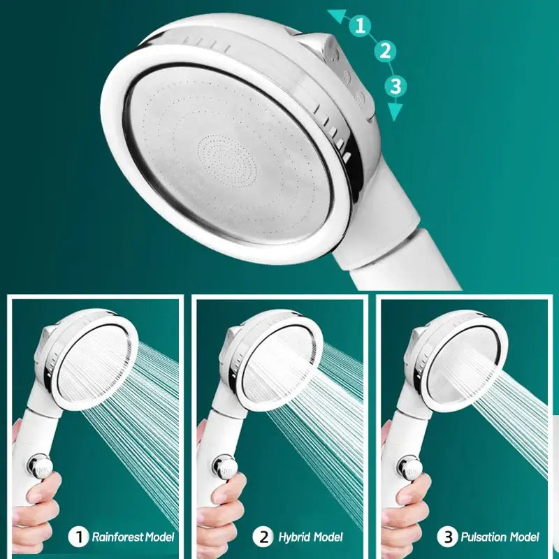 Modern white high pressure shower head with chrome nozzle and hose featuring three spray modes for pressure shower use