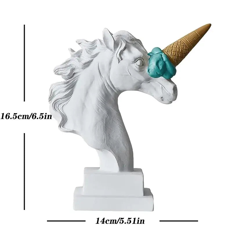 Modern white horse head sculpture with teal ice cream cone horn made of resin for living room decorbites horse head decorbites horse