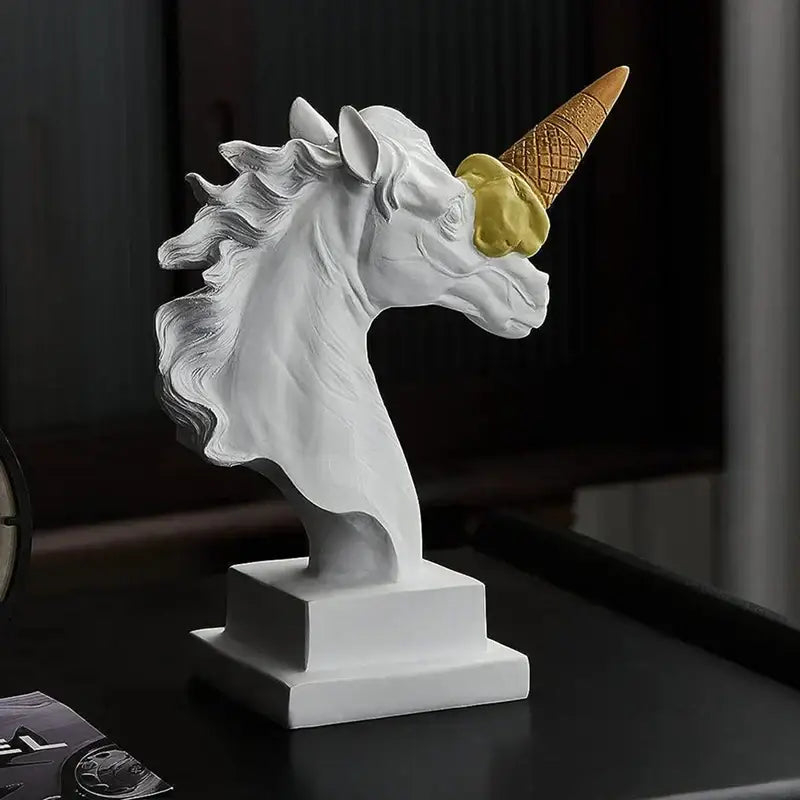 Modern white horse head sculpture by decorbites featuring a golden ice cream cone horn for living room decor