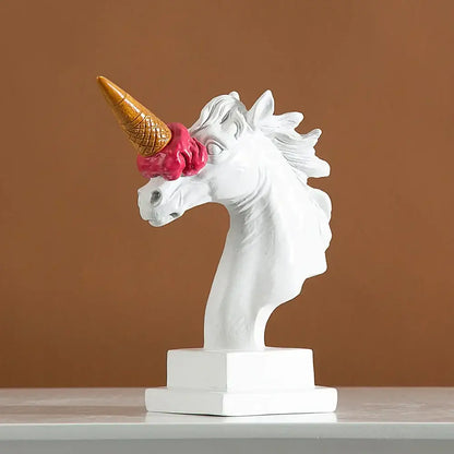 Modern white horse head sculpture with a golden waffle cone horn and pink ice cream scoop for living room decorbites horse head